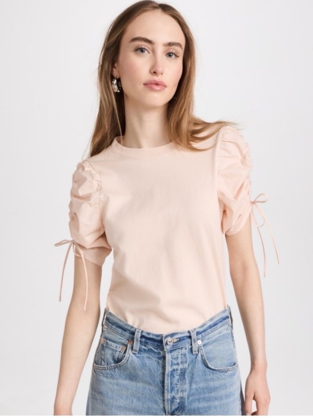 Frame Denim Cinched Puff Sleeve Tee in Pale Pink 💗💗